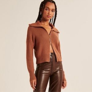 Brown Double Zip Ribbed Knit Cardigan